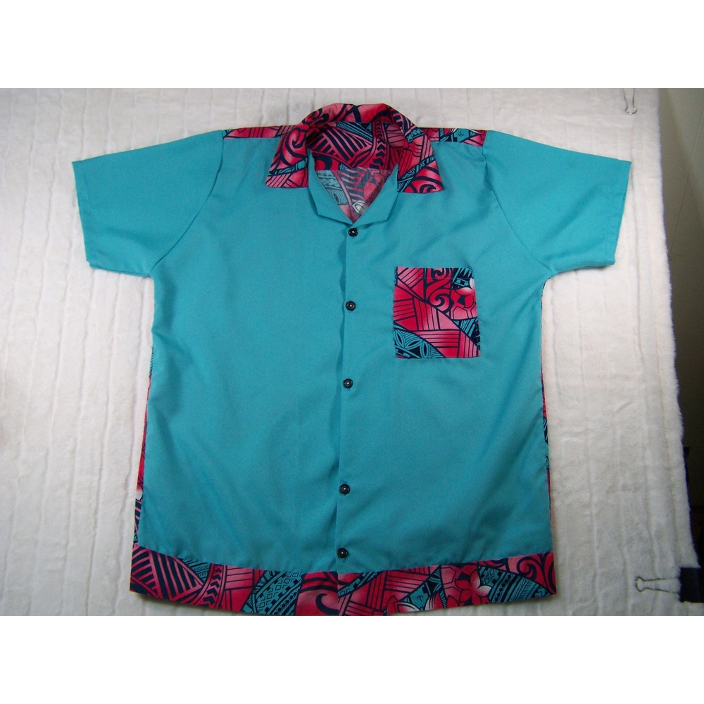 Handmade Hawaiian Shirt Mens 2XL Turquoise Pink Hand Sewn Tribal Floral